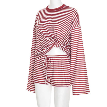 Autumn Striped Women Casual 2 Piece Set Tracksuits O Neck Long Sleeve Loose T-shirts Tops + Drawstring Shorts Home Suits