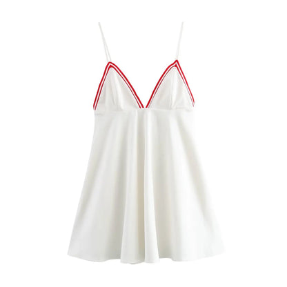 Women New Sweet Fashion Back Zipper Short Sling Dress Female Spring Casual Fold V-Neck Sleeveless Backless Solid Dress