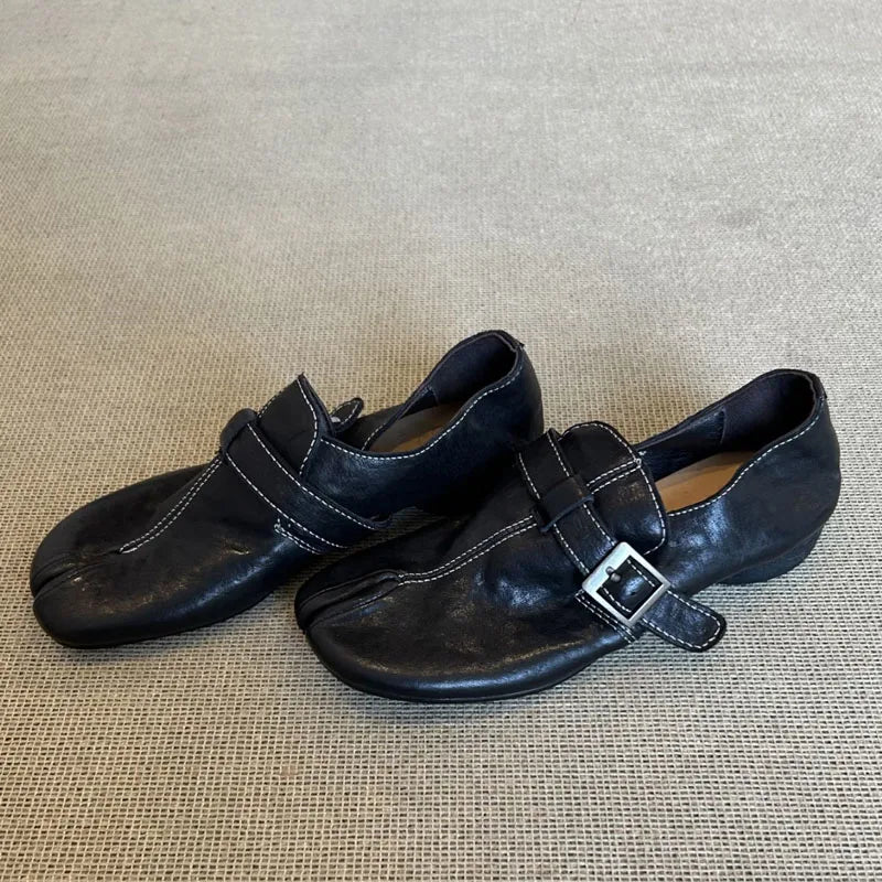 Retro Designer Split Toe Pumps Buckle Strap Women Comfort Bottom Shoes Soft Leather Outdoor Footwear Zapatos Mujer