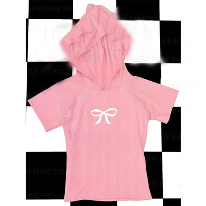 Contrast Bow Printed Hooded Crop Tees Women Short Sleeved Slim Versatile Pullover Top Hottie Sweet Y2K T-shirt Streetwear