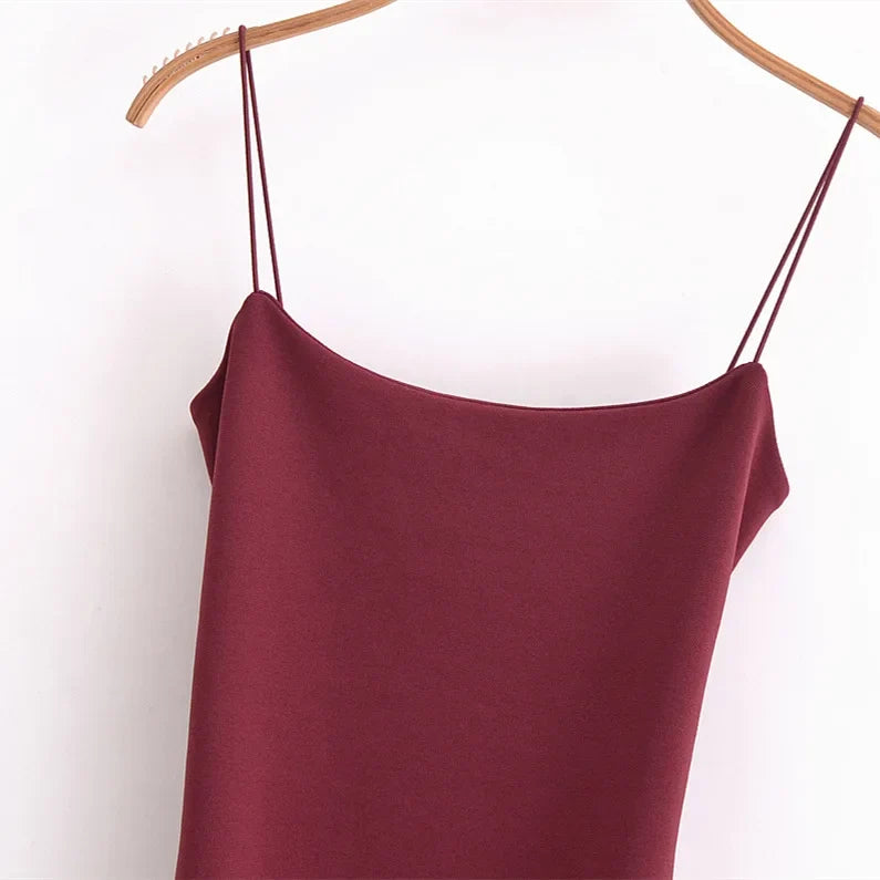 Women's retro summer new style sleeveless spaghetti strap elastic slim fit midi dress backless design fashionable and charming