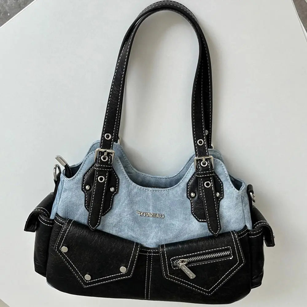 Women's Fashion PU Leather Shoulder Bag Large Capacity Crossed Color Cowboy Backpack Multifunctional Underarm Bag Casual Outing
