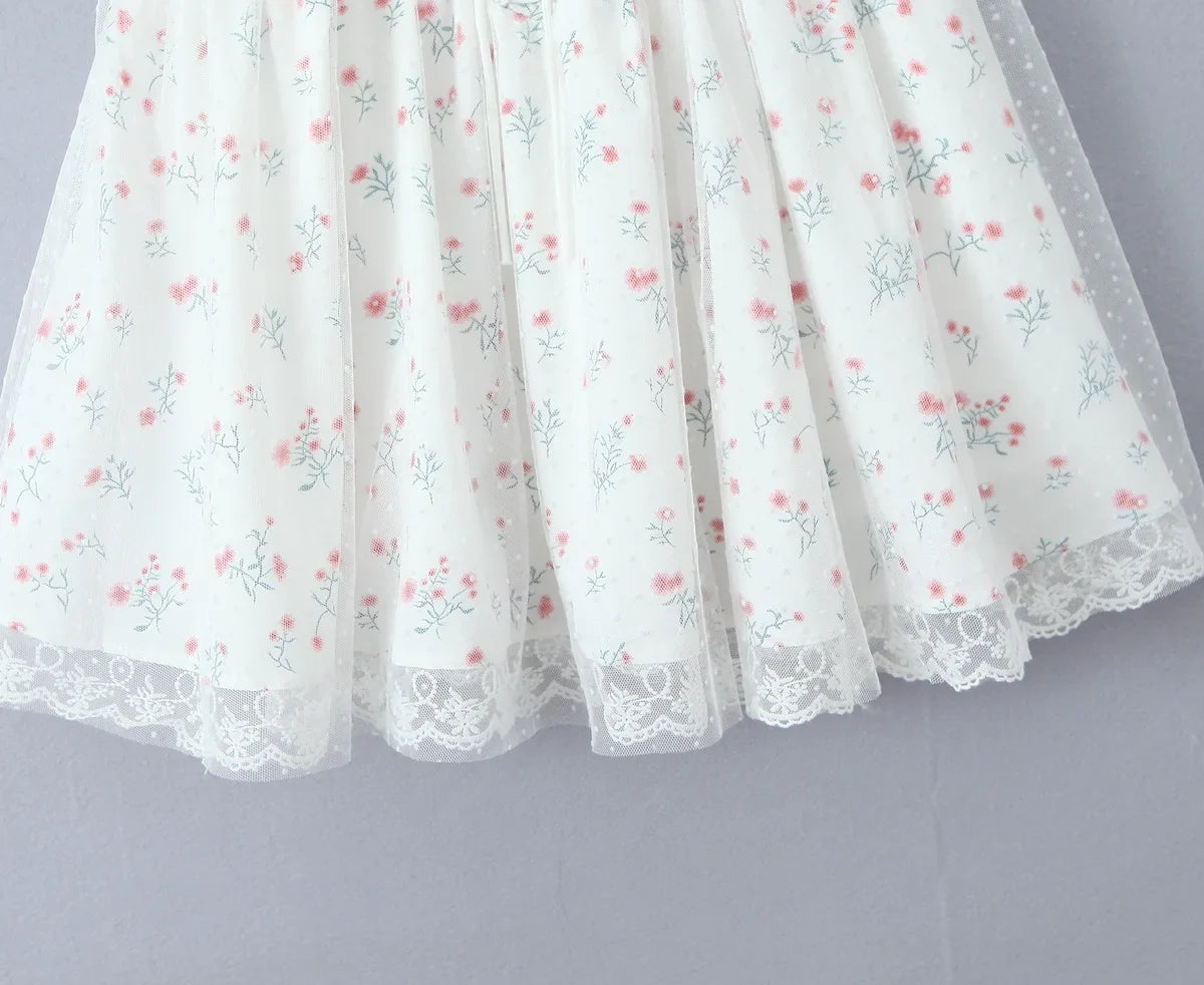 Pastoral Floral Tie-up Polka Dot Mesh Lace Dress 2025 Summer Square Neck Short Sleeve Women Dresses Casual Beach Holiday Dress