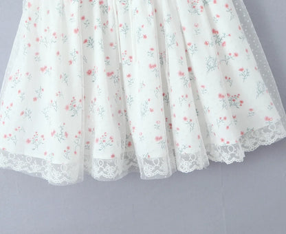Pastoral Floral Tie-up Polka Dot Mesh Lace Dress 2025 Summer Square Neck Short Sleeve Women Dresses Casual Beach Holiday Dress