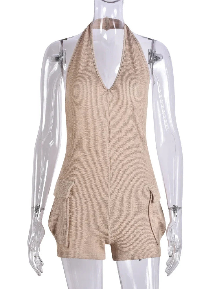 Casual Knitting Playsuit Sexy Halter Backless Rompers Basics Splice Pockets Hollow Vest Fall And Winter Women Streetwear