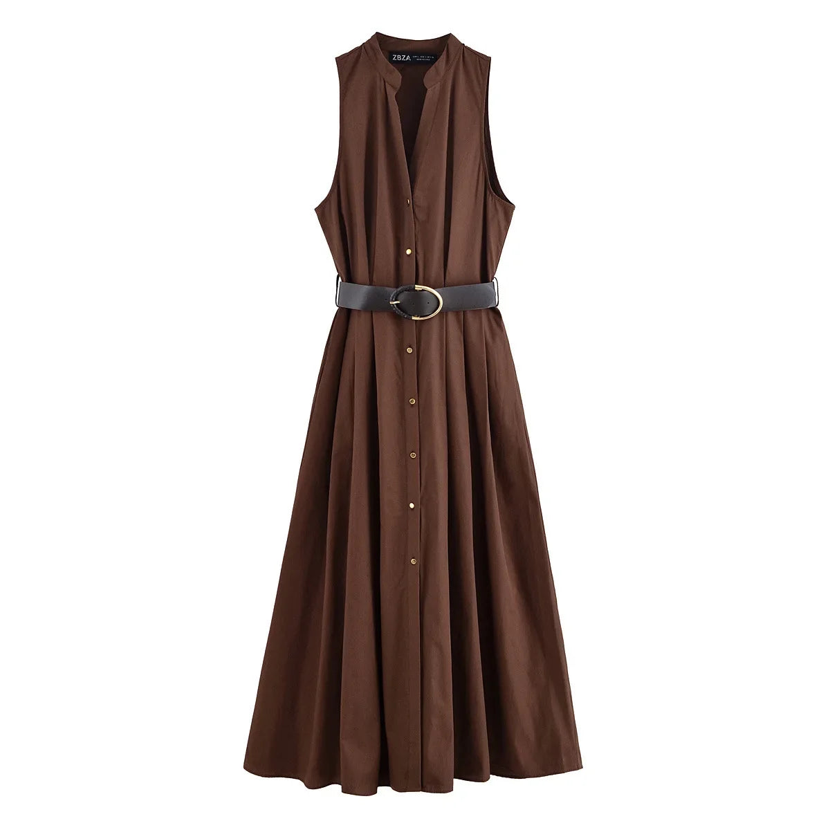 Casual Fashion Women's Dress Solid Color Round Neck Sleeveless Single Breasted Drape Belt Dress New Commuter Pleated Dress