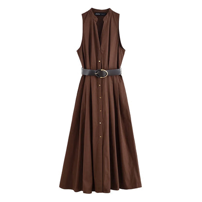 Casual Fashion Women's Dress Solid Color Round Neck Sleeveless Single Breasted Drape Belt Dress New Commuter Pleated Dress