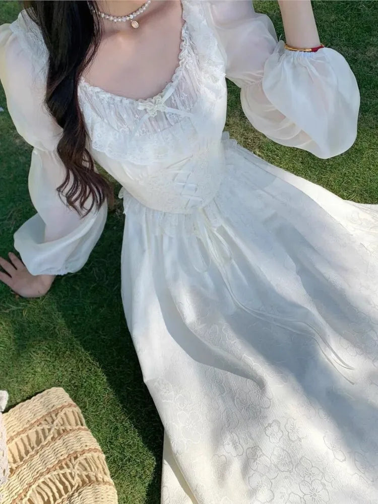 Women Puff Sleeves Floral Lace Up Midi Dress Summer Elegant Medieval Retro Evening Party Prom Chic One-piece Clothing