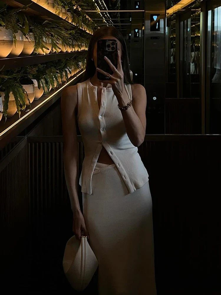 Sexy Knitted Vest Skirt Suits Slim O-neck Single Breasted Tank Top High Waist Skirts 2024 Summer Lady Elegant 2 Pieces Sets New