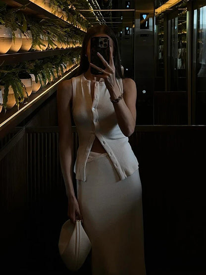Sexy Knitted Vest Skirt Suits Slim O-neck Single Breasted Tank Top High Waist Skirts 2024 Summer Lady Elegant 2 Pieces Sets New
