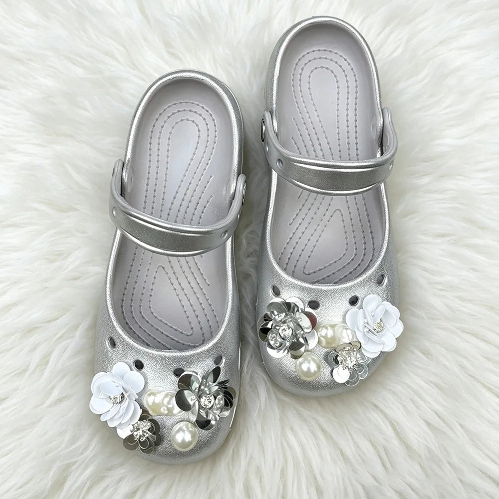 Ballet dancing shoes hole shoes spring new one-pedal hollow silver camellia sandals lazy shoes