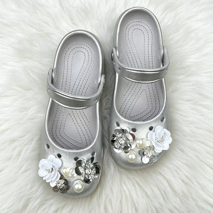 Ballet dancing shoes hole shoes spring new one-pedal hollow silver camellia sandals lazy shoes