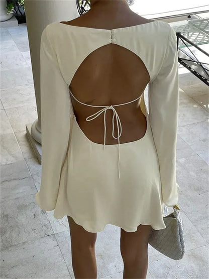 Cowl Neck Satin Long Sleeve Bell Cuff Bodycon Mini Dress