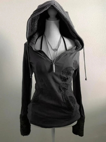 Y2K Blue Lamb Wool Pullover Sweatshirt Womens Harajuku Wings Graphic Embroidered Slim Sweatshirt Gothic Retro Sexy Hot Girl Top