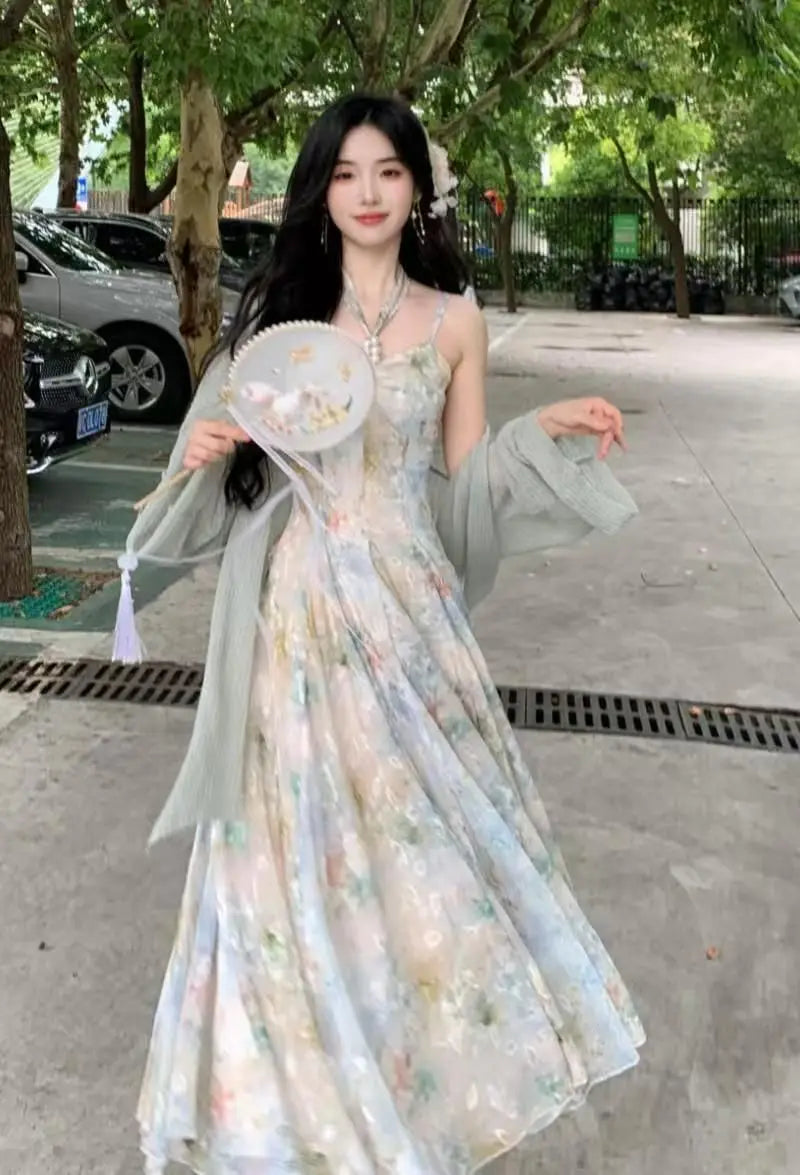 New Design Large Size Women's Dress Set Neck Hanging Strap Dress Meat Hiding Cardigan Unique And Beautiful Casual Wear