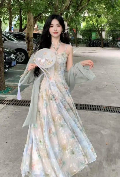 New Design Large Size Women's Dress Set Neck Hanging Strap Dress Meat Hiding Cardigan Unique And Beautiful Casual Wear