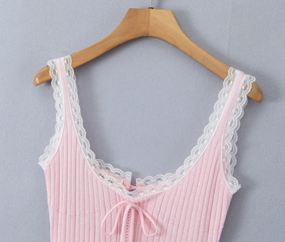 New Pink White Lace Patchwork Short Dress For Women's Clothing Ruffle Square Collar Vacation Beach Summer Knit Slip Dress