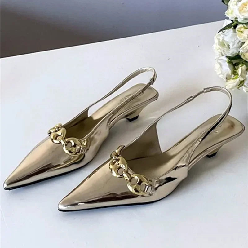 Sexy Pointed Toe Thin Low Heel Slingbacks Sandals Women Summer Elegant Metal Chain Decoration Women Pumps Casual Mules Shoes