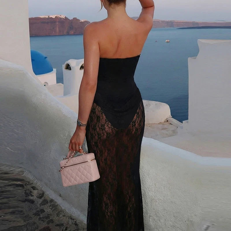Elegant Spliced See-through Dresses Temperament Sexy Lace Tube Top Evening Dress Summer Strapless Solid Color Slim Banquet Dress