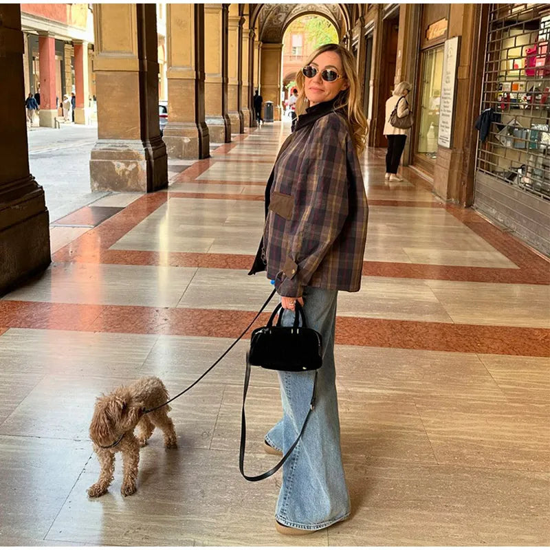 Vintage Plaid Printed Women Jacket Patchwork Turn Down Collar Single Breasted Female Coat Autumn Long Sleeve Zipper Outwear