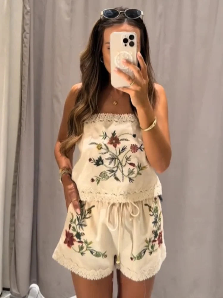Bead Flower Embroidery Tank Top Shorts Suits 2 Pieces Women Backless Strap Sleeveless Vest Wide Leg Shorts Suits Patchwork Sexy