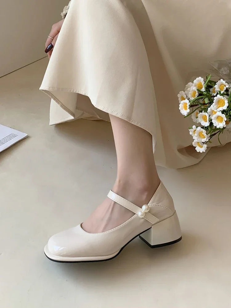 Pearl Square Toe Beige Women's Shoes Mary Jane With Medium Heels Chunky Luxury Leather Casual Japanese Style Lolita Gothic E 39