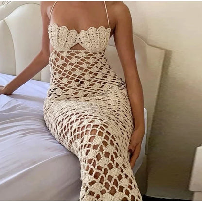 Sexy Crochet Hallow Out Long Dress Women Holiday Halter Lace Up Solid Slim Dresses Summer High Waist Bodycon Beach Robe