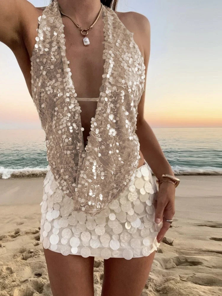 Summer Backless Solid Sequins Women's Tops Sexy Halter Sleeveless Crop Camis Lady Cute Party Shining Top Holiday Beach Tanks
