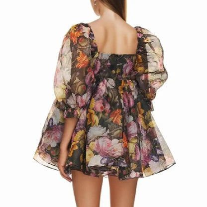 Square Neck Organza Balloon Sleeve Empire Waist Tiered Mini Dress