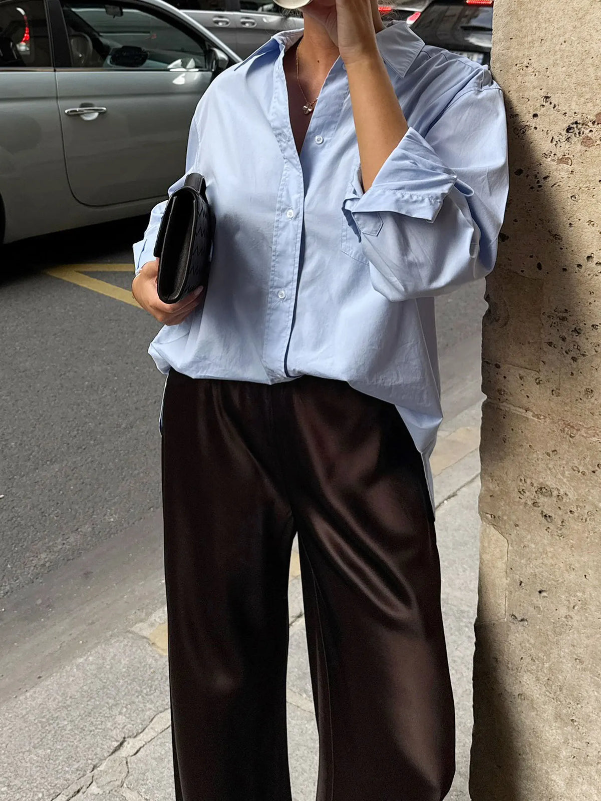 New straight leg pants with satin finish, high waisted and drooping casual pants