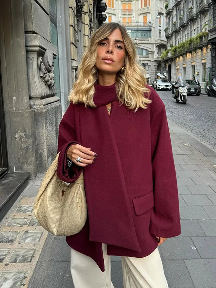 Causal Burgundy Women Autumn Full Sleeve Woolen Coat With Scarf Fashion Solid Single Breasted Jacket Female New Chic Office Wear