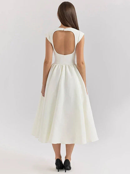 Boat Neck Cap Sleeve Pleated Waist Band Fit and Flare Midi Dress