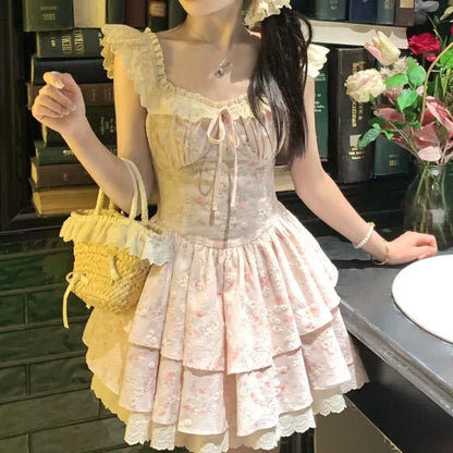 Dresses Women Sweet Floral Printed Flying Sleeve Square Collar Slim Lace Patchwork Ruffles Bandage Party Mini Dress