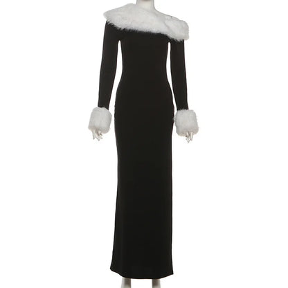 Elegant Furry Patchwork Black Bodycon Maxi Party Dress Women Inclined Shoulder Full Sleeve High Split Evening Gown Christmas