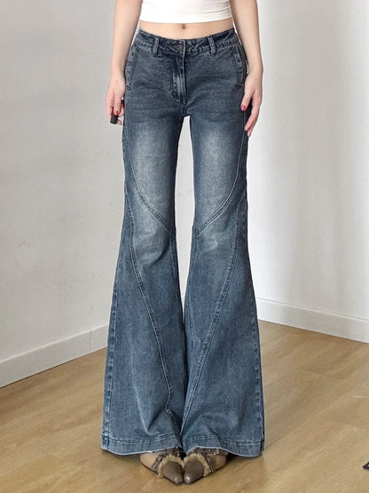 Blue Low Rise Flared Jeans Streetwear y2k Baggy Patchwork Denim Pants 90s Aesthetic Mom Jeans Korean Style Casual Pants