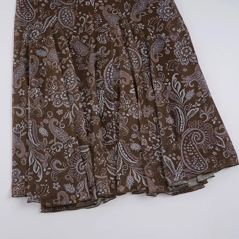 Women's Vintage Brown Floral Print Maxi Skirt New Spring Summer Retro Style A Line Long Skirt Casual Boho Outfit No Belt