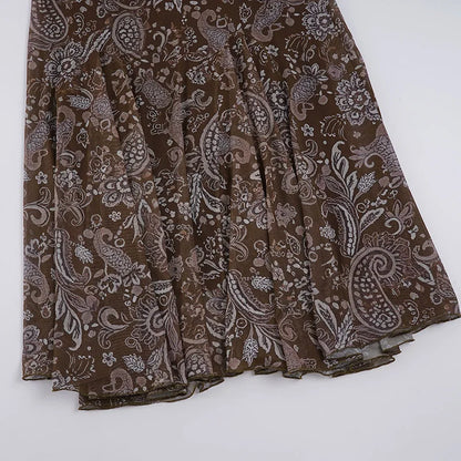 Women's Vintage Brown Floral Print Maxi Skirt New Spring Summer Retro Style A Line Long Skirt Casual Boho Outfit No Belt