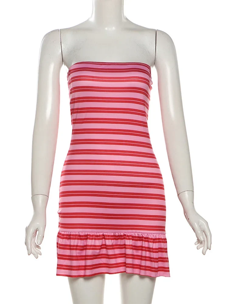 Stripe Contrasting Strapless Short Dress Women's Summer Clothing Beachwear Patchwork Ruffles One-piece Skirt Y2K Outfit