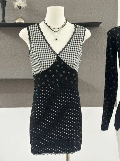Spring Elegant Patchwork Floral Pattern Suit Women Design Sweet Elastic Knit Cardigan + Vintage Plaid Lace V-neck Dress 2025