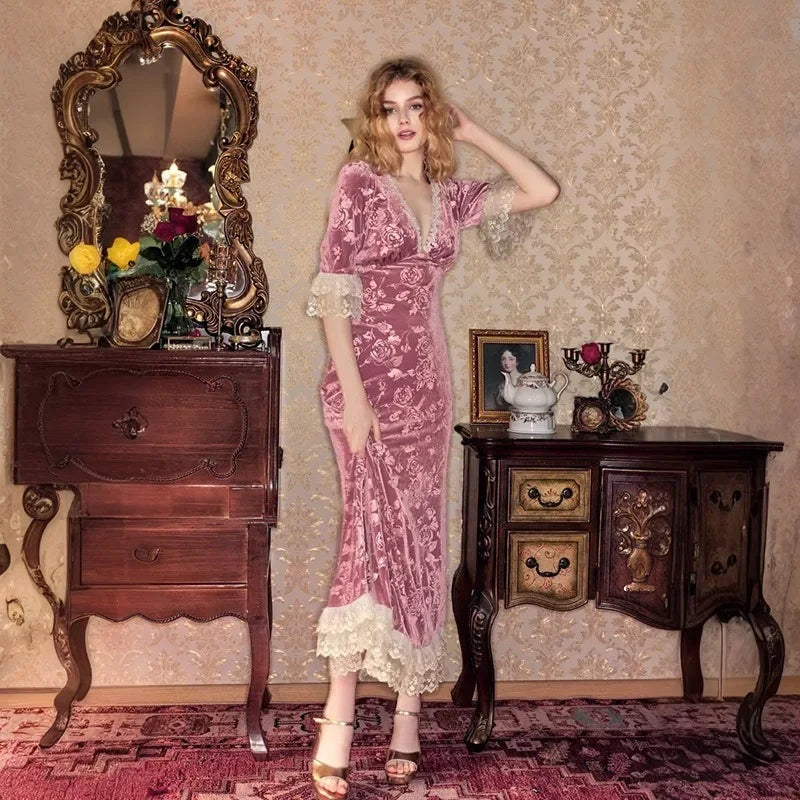 Lace Print Long Dress Women's Elegant V Neck Luxury Party Evening Gown High Waist Vintage Y2k Patchwork Dress Robe