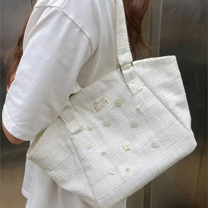 Sweet Button Pearl Shell Bag Women Exquisite White Large Capacity Tote Bag Ladies Elegant Harajuku Commute Shoulder Bags