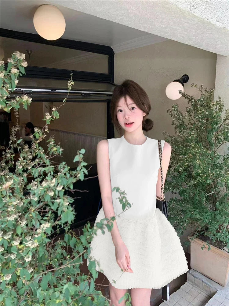 Summer O-Neck Mini Dress Party Dress Fashion Layered Mesh Patchwork Sleeveless A-Line Tank Dress