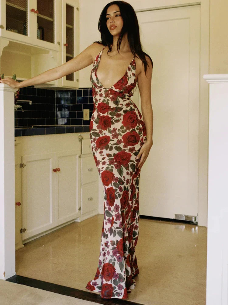 Floral Print Deep V Spaghetti Strap Bodycon Maxi Dress
