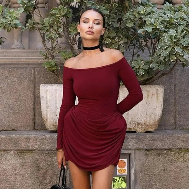 Scoop Neck Long Sleeve Ruched Draped Wrap Hem Bodycon Mini Dress