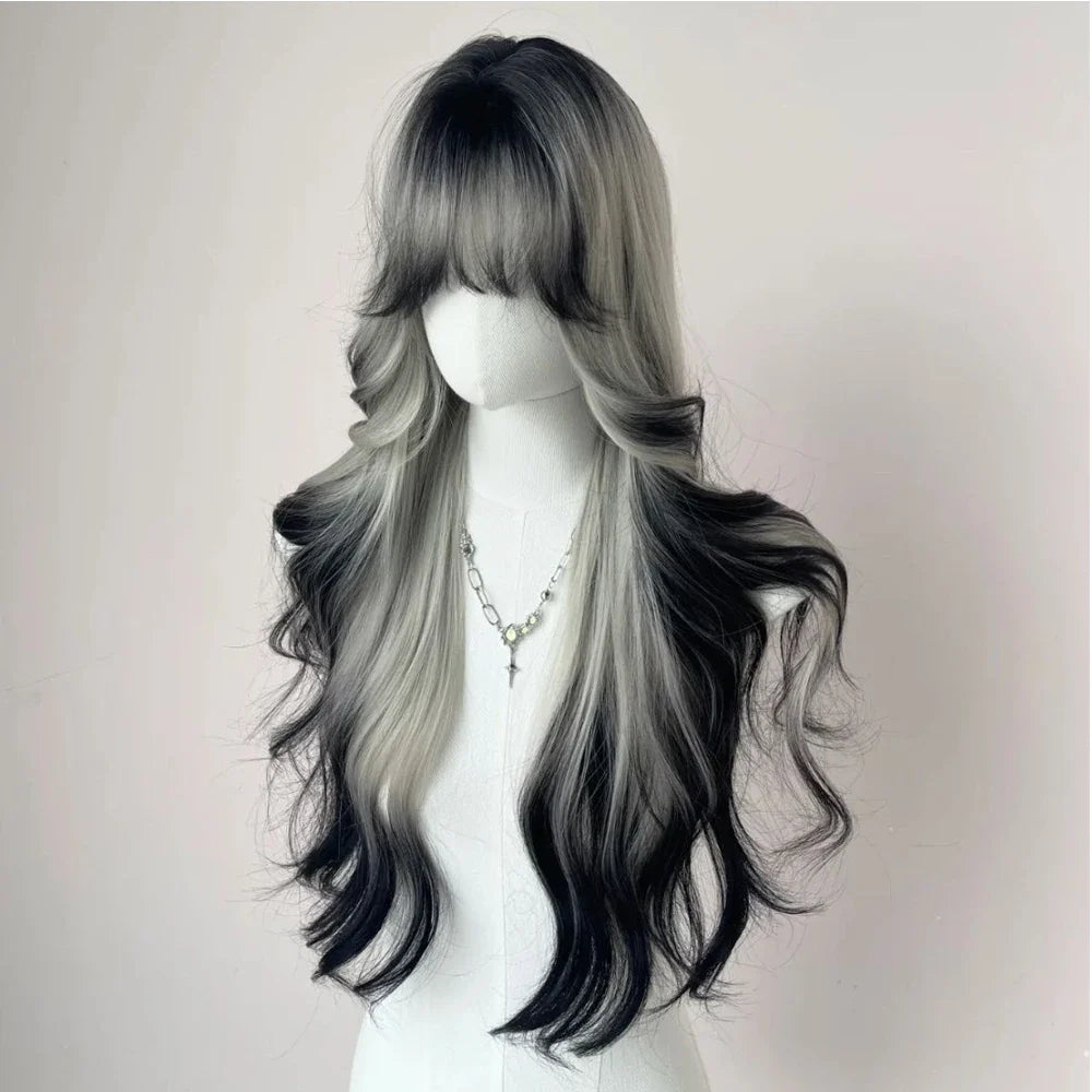Synthetic Long Wavy Ombre Grey Black Wig with Bangs Fluffy Women Lolita Cosplay Heat Resistant Wig for Daily Party