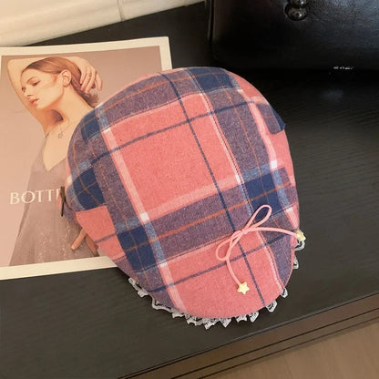 Y2K Cute Bow Lace Berets Cap for Women Spring Summer Sweet and Cool Versatile Dopamine Contrasting Color Plaid Forward Hats