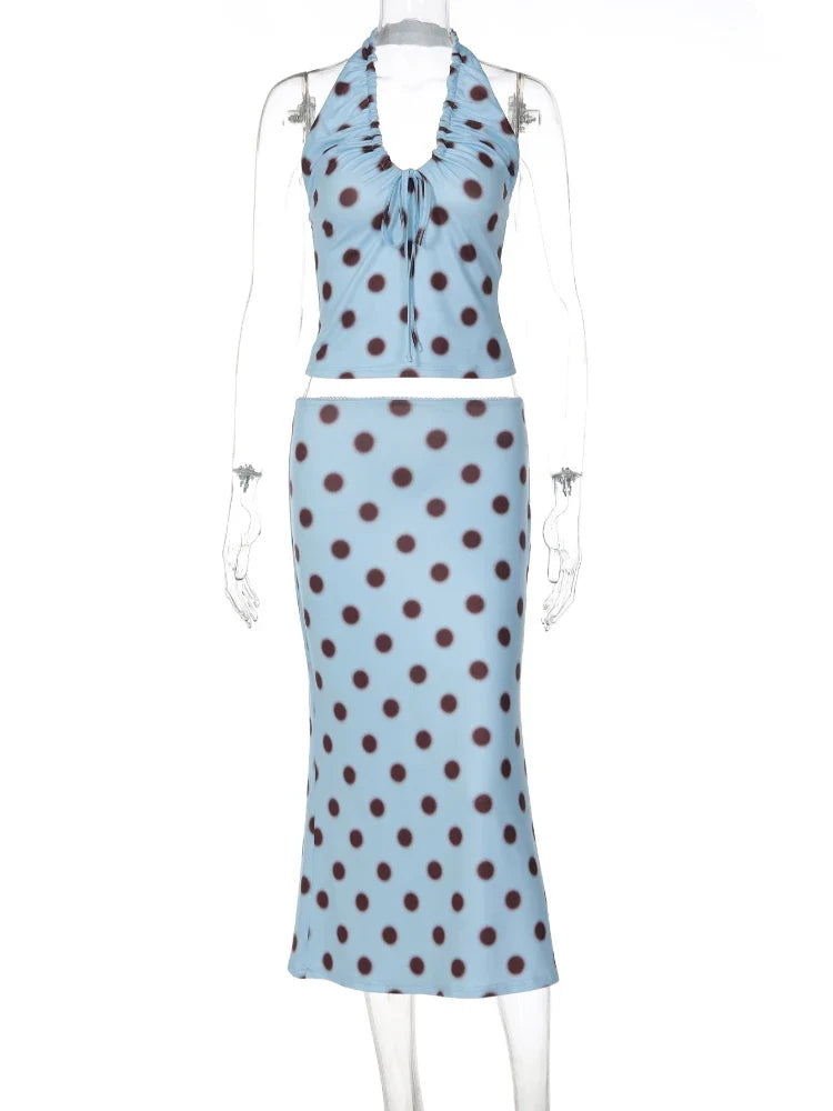 Polka Dot Print Tie Up Front Ruched Deep V Halter Top Midi Skirt 2 Piece Set for Women Summer Trend Daily Street Outfit