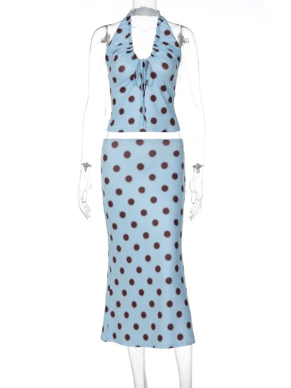 Polka Dot Print Tie Up Front Ruched Deep V Halter Top Midi Skirt 2 Piece Set for Women Summer Trend Daily Street Outfit