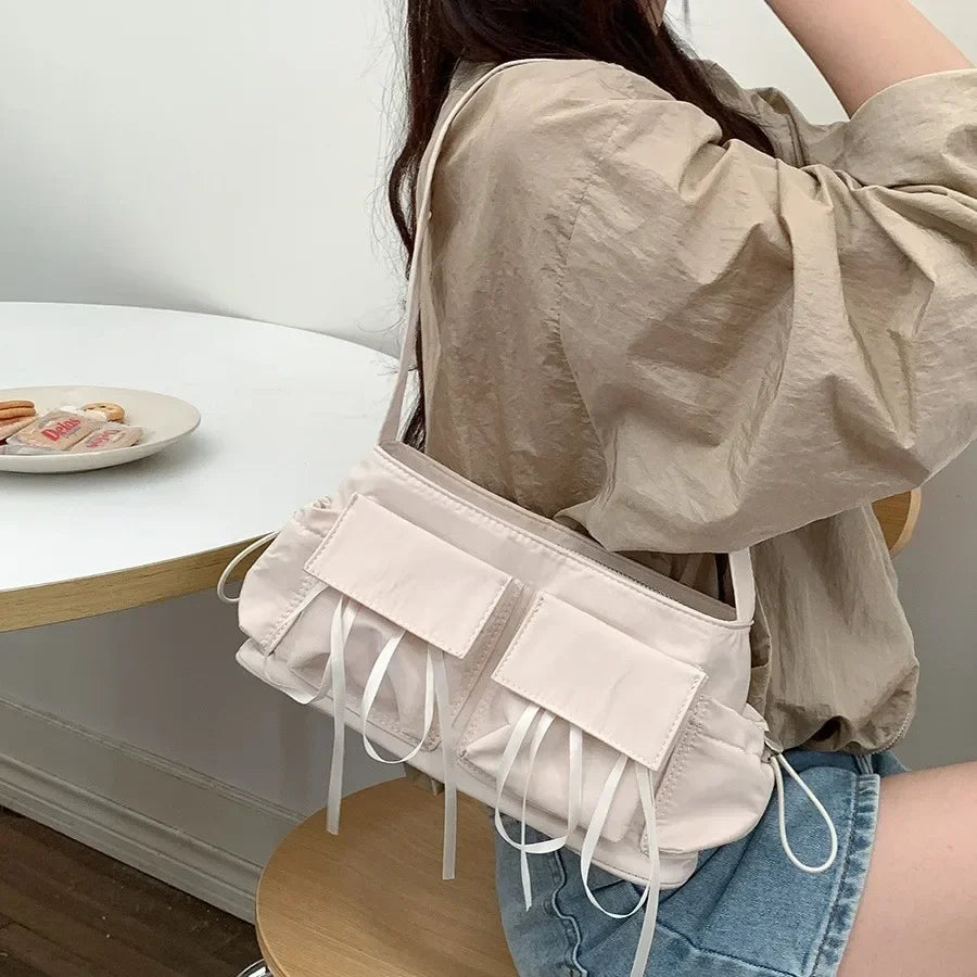 Sweet Girls Bowknot Nylon Shoulder Women Bag Korean Niche Design Bow Summer Travel Beach Bag Female Totes Bags for Women Handbag