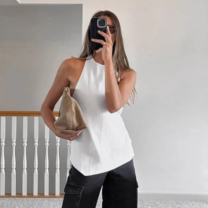 New sexy backless neck tied sleeveless vest top, fashionable and versatile, solid color, simple women's clothing